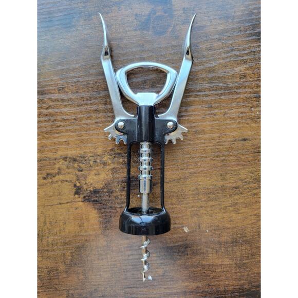 Black/Silver Corkscrew Wine Bottle Opener w/Fins - Push Down - Used - Italy - Picture 3 of 4